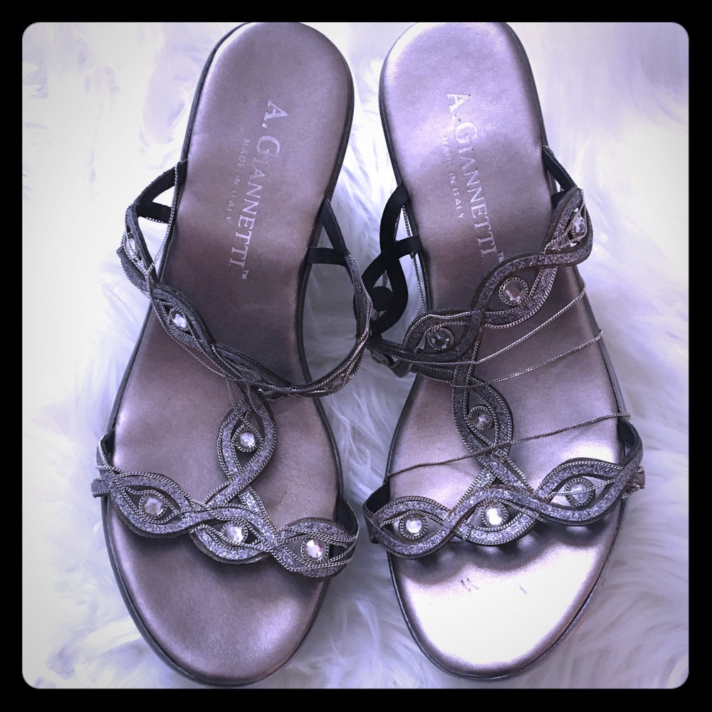 A. Giannetti gunmetal Gray jeweled wedge sandals